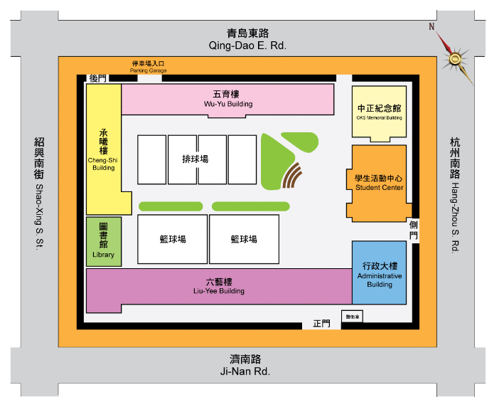 圖示上方為北方，圖示最上方為忠孝東路一段(東西向道路)，設有捷運善導寺站及公車站。校園為四方型基地，北側為青島東路；南側是濟南路一段；東側為杭州南路(往北單行道)；西側為紹興南街(往南單行道)；校門位於南側之濟南路一段，亦設有公車站。